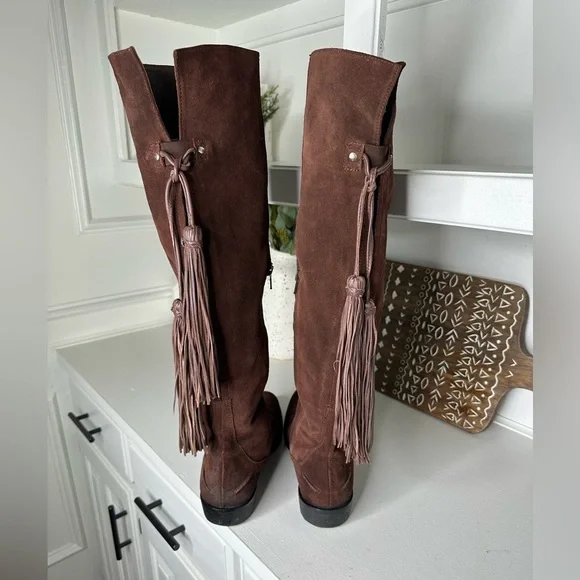 Free People Mahogany Suede Knee-High Fringe Maddox Boots -Size 41 US 10 - Picture 7 of 12